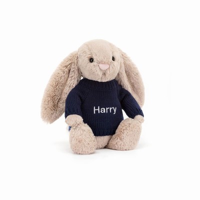 Jellycat Bashful Beige Conejo with Navy Jumper | DXWR-20543